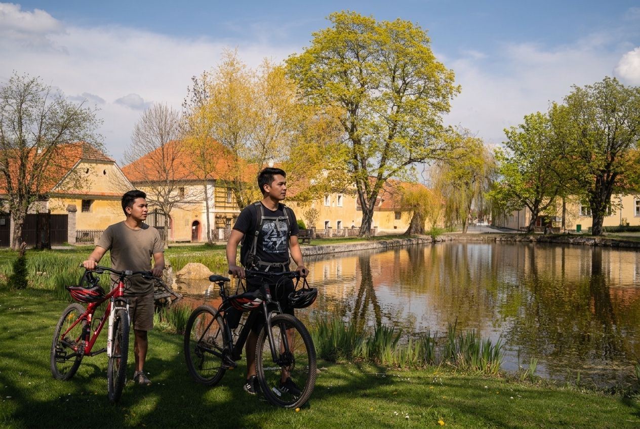 Two colleagues with their bikes by a village pond