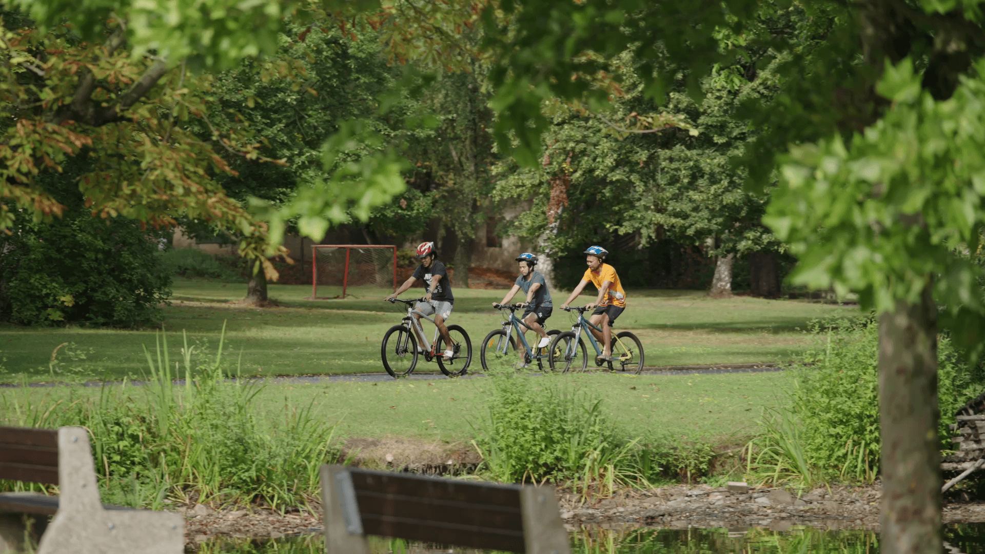 Three colleagues cycling on a path through the park